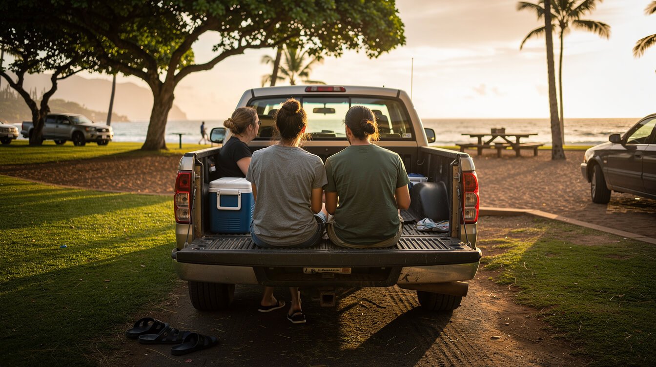 Local friends in everyday tees at a Hawaii beach park