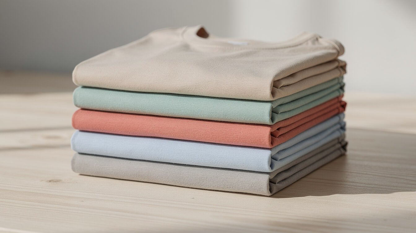 Folded stack of Hawaii t-shirts in muted island colors