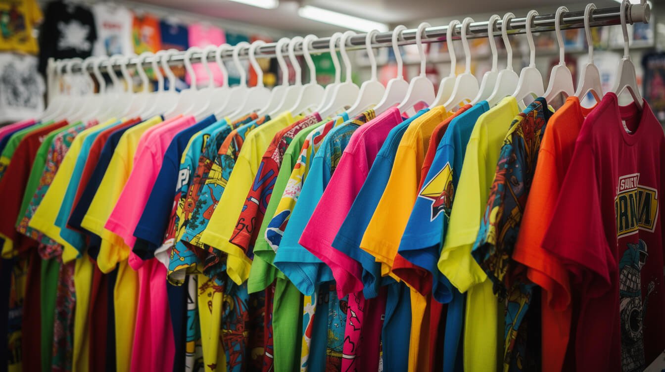 Rack of touristy souvenir Hawaii t-shirts to avoid