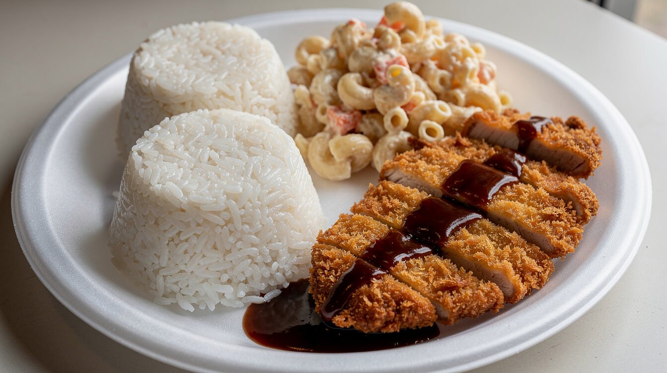 classic Hawaii plate lunch with two scoop rice, mac salad, and chicken katsu