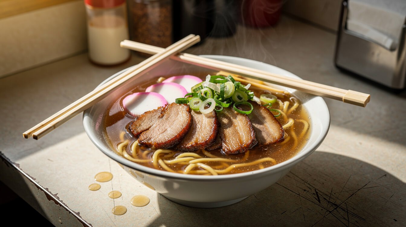 steaming bowl of saimin with green onion and kamaboko