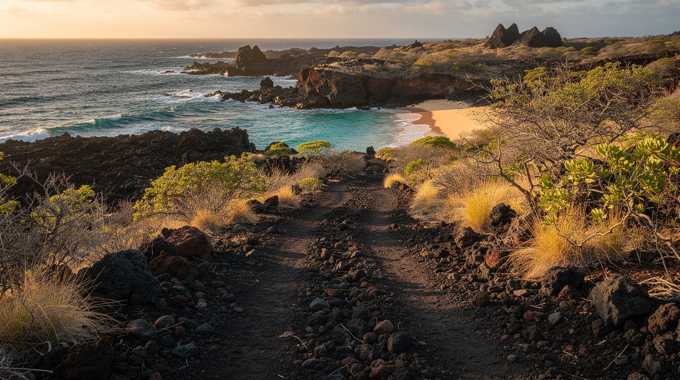 rugged lava rock coastal trail on the Big Island leading to a beach