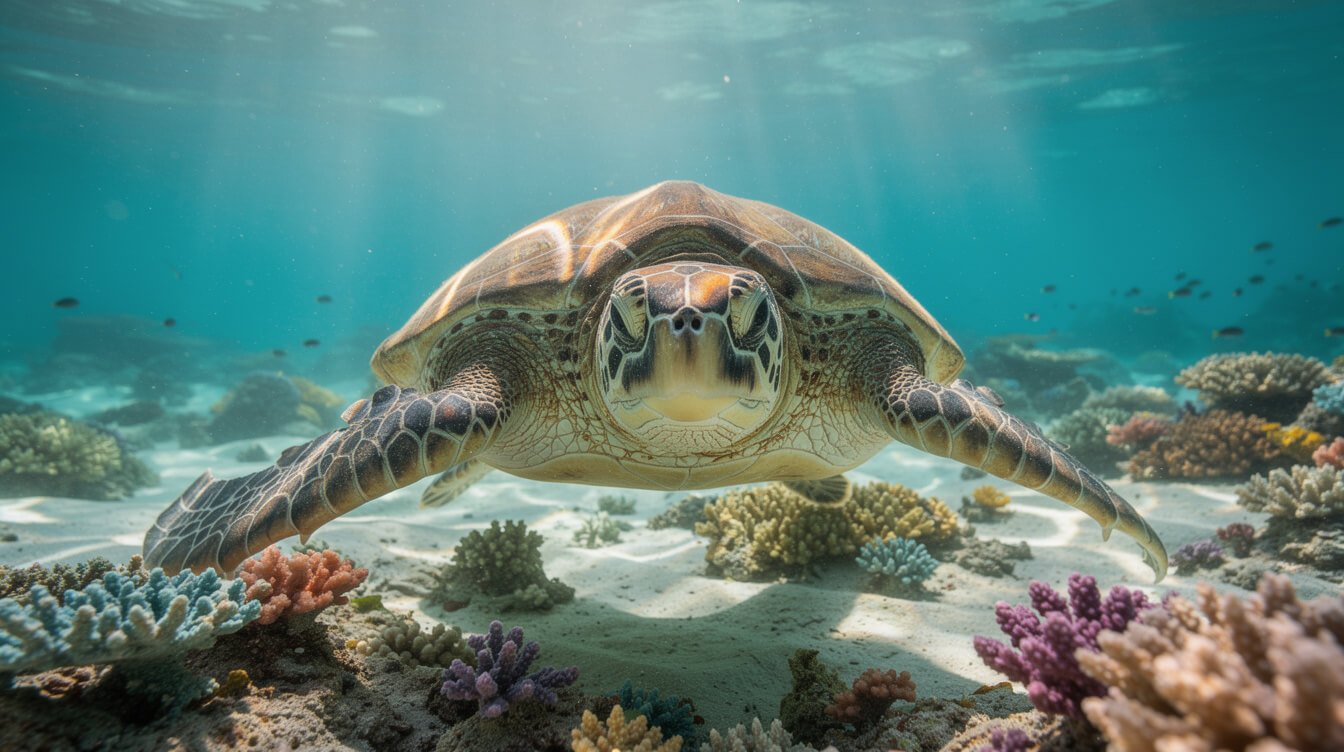 green sea turtle honu swimming over a Hawaii reef