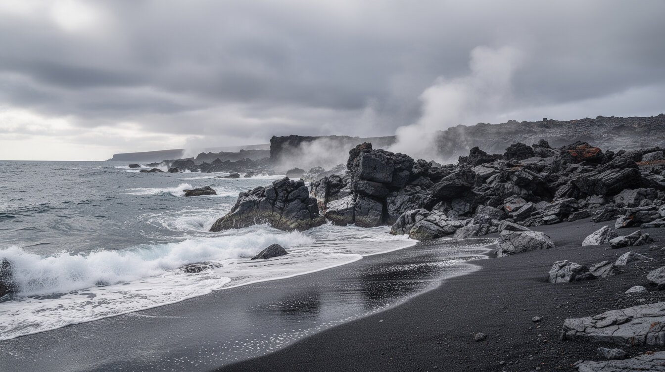 black lava rock coastline forming new black sand on the Big Island