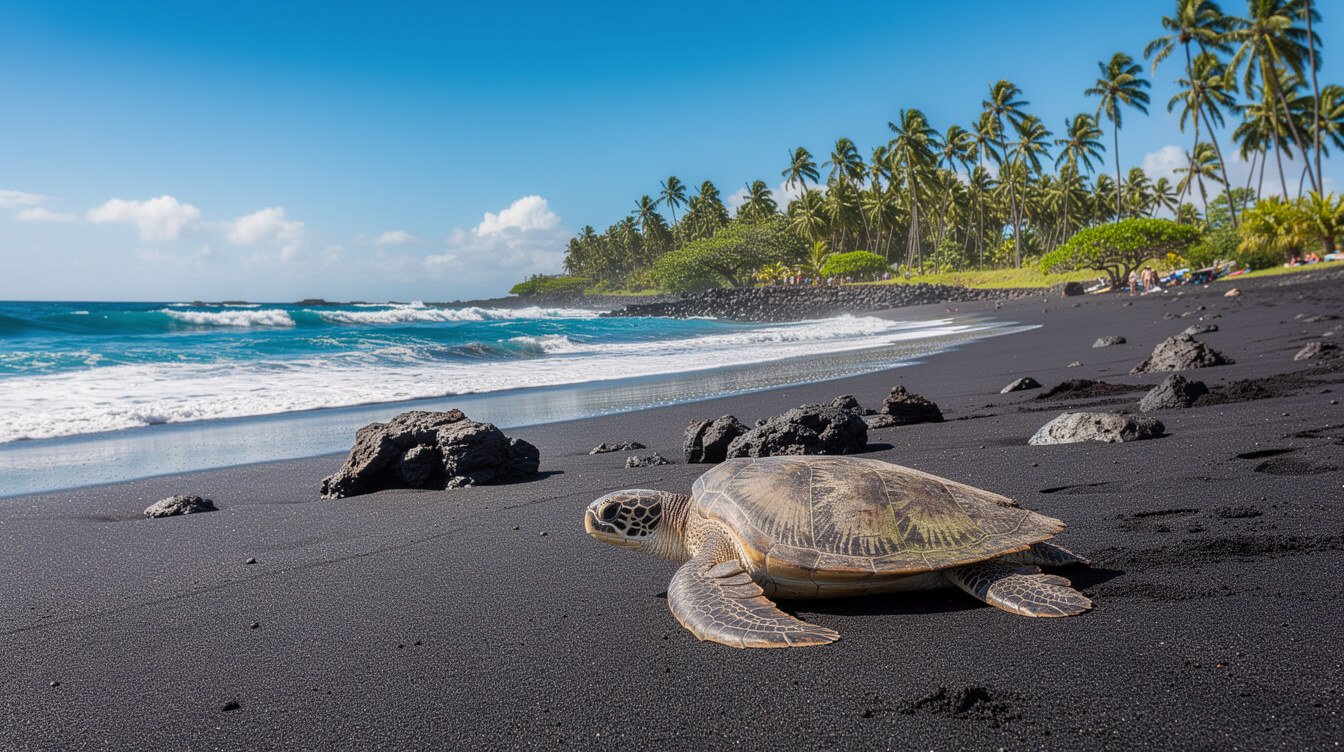 Punaluu black sand beach with honu sea turtle on the Big Island