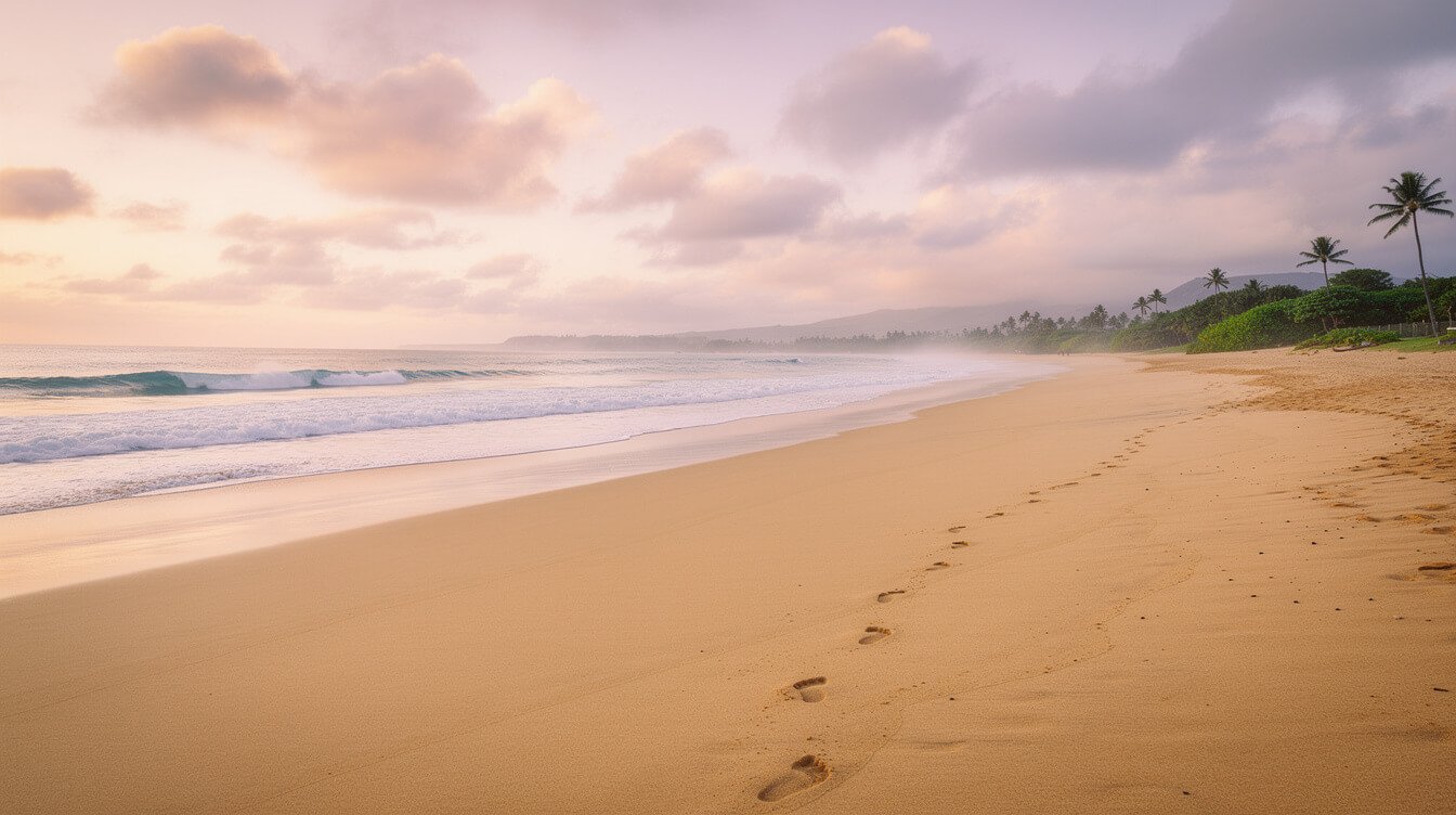 an empty stretch of Kauai beach in early morning light