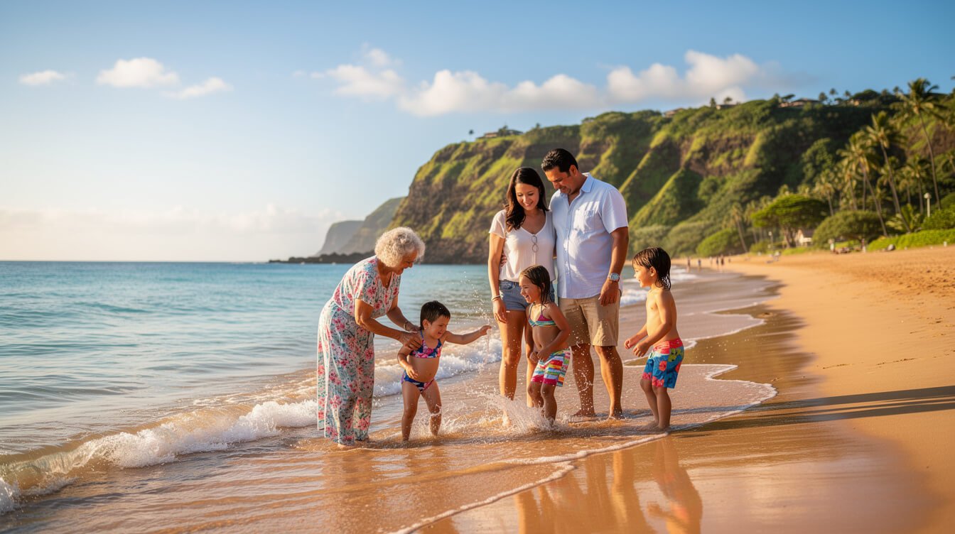 a family wading in a shallow protected pool at a Kauai beach