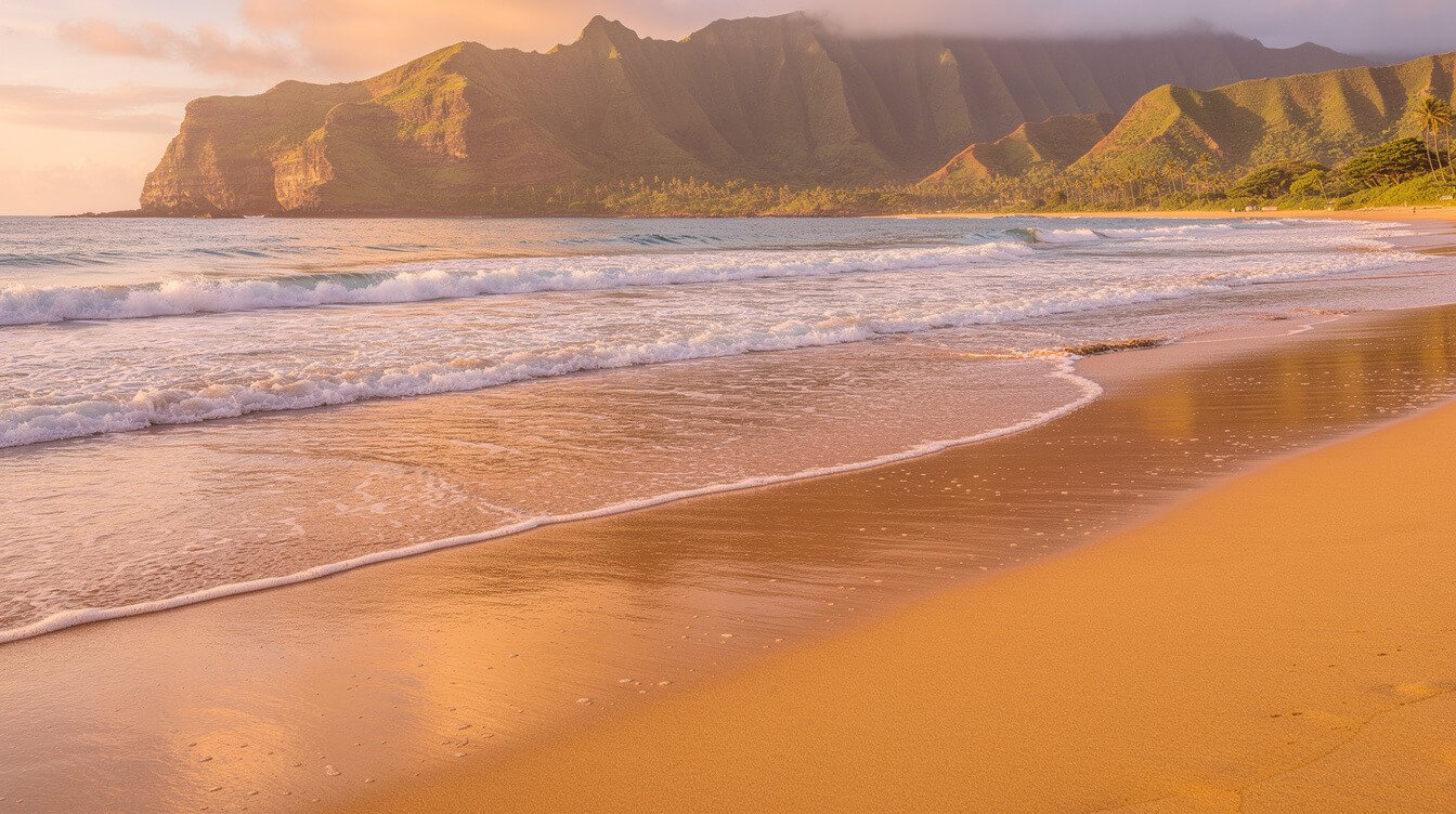 a calm reef-protected bay on Kauai's south shore at golden hour