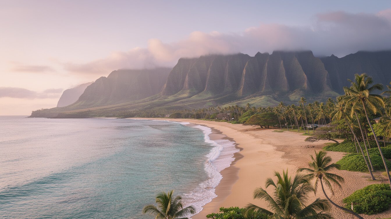 Hanalei Bay with mountains behind it under summer conditions