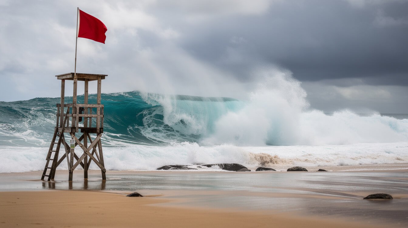 powerful shorebreak with warning flag on Oahu beach