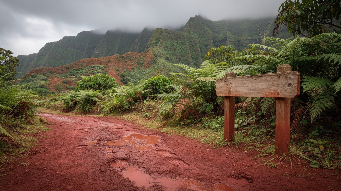 muddy red-dirt trailhead sign on a Kauai hiking trail with green ridges in the background