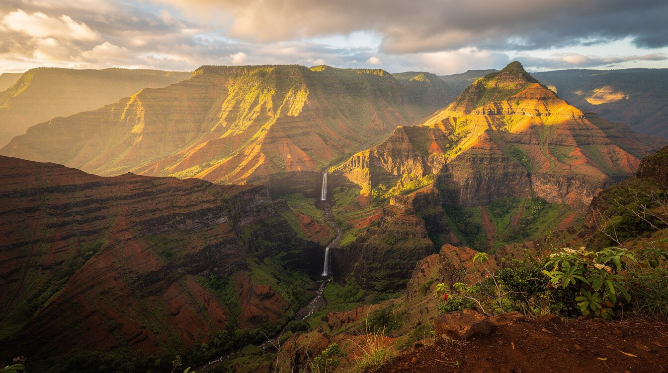 dramatic red and green canyon walls of Waimea Canyon on Kauai with a distant waterfall