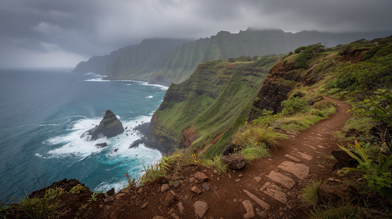 rugged Napali Coast cliffside trail on Kauai with ocean waves below under a moody sky
