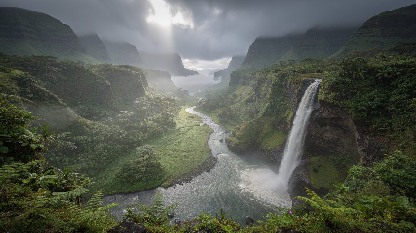 storm clouds over a lush green Kauai valley with a swollen waterfall after heavy rain