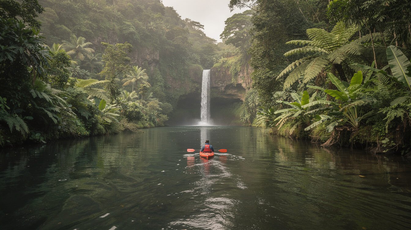 calm jungle-lined river on Kauai with a kayak paddling toward a hidden waterfall