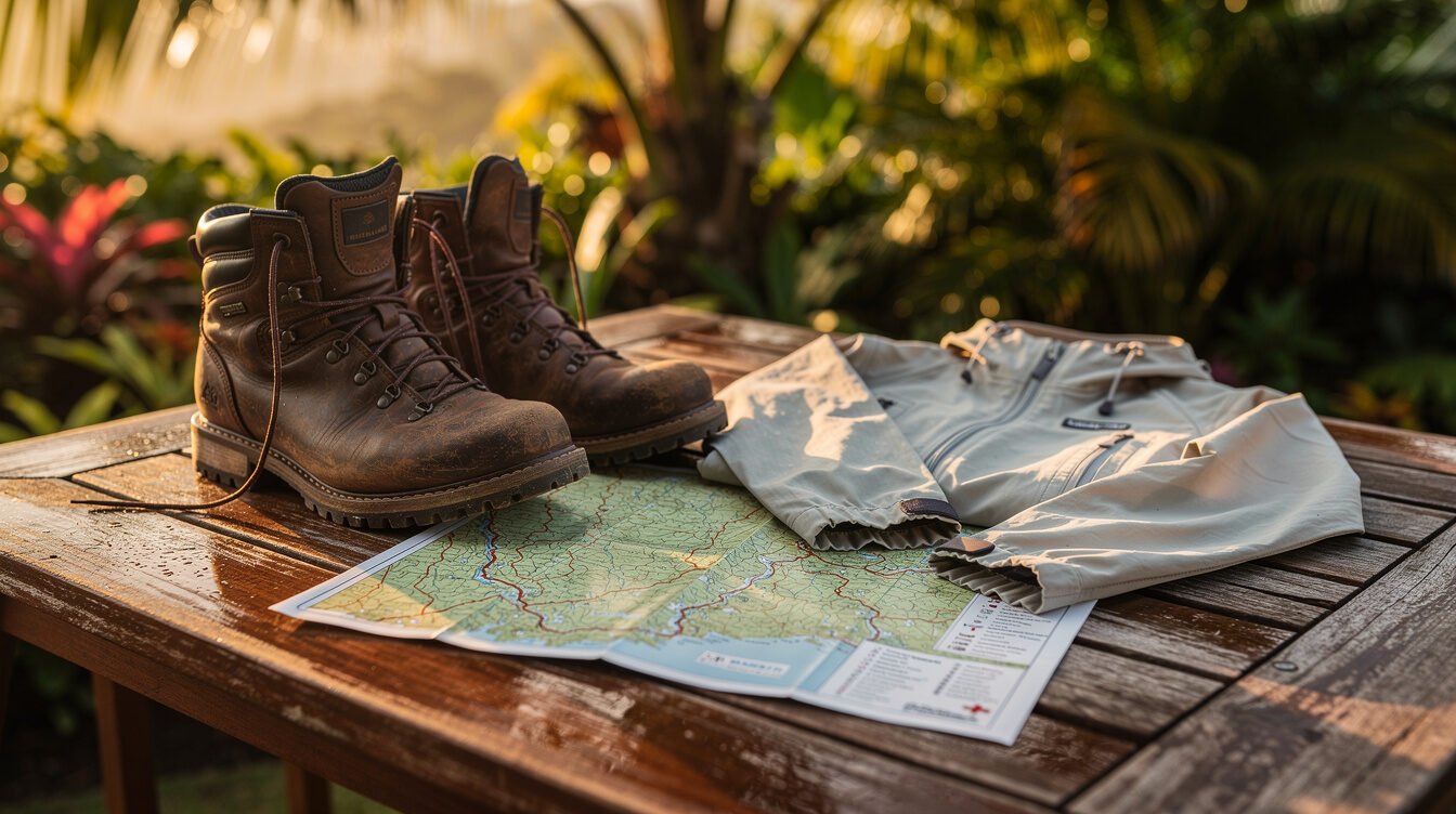 hiking boots and rain jacket laid out on a lanai in Kauai before a morning hike