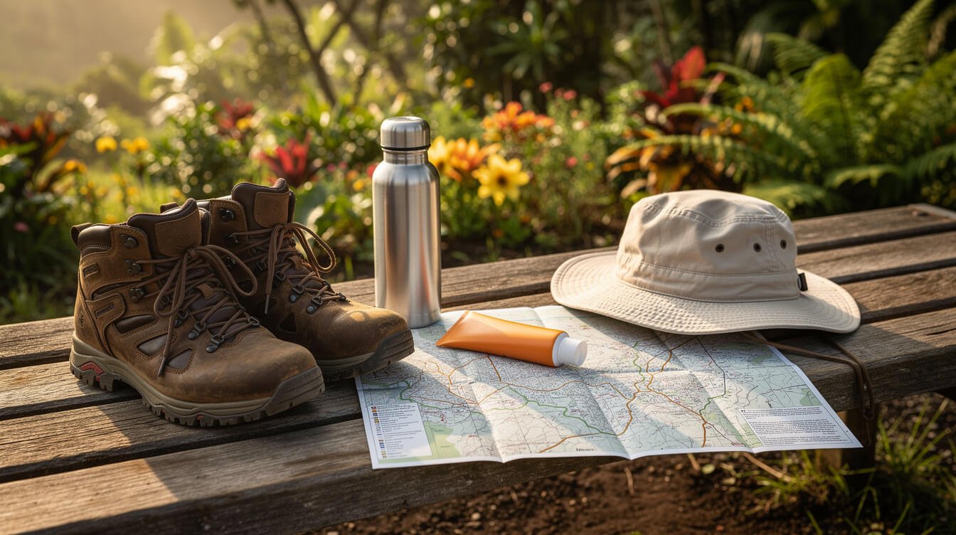 hiking gear laid out at a Maui trailhead