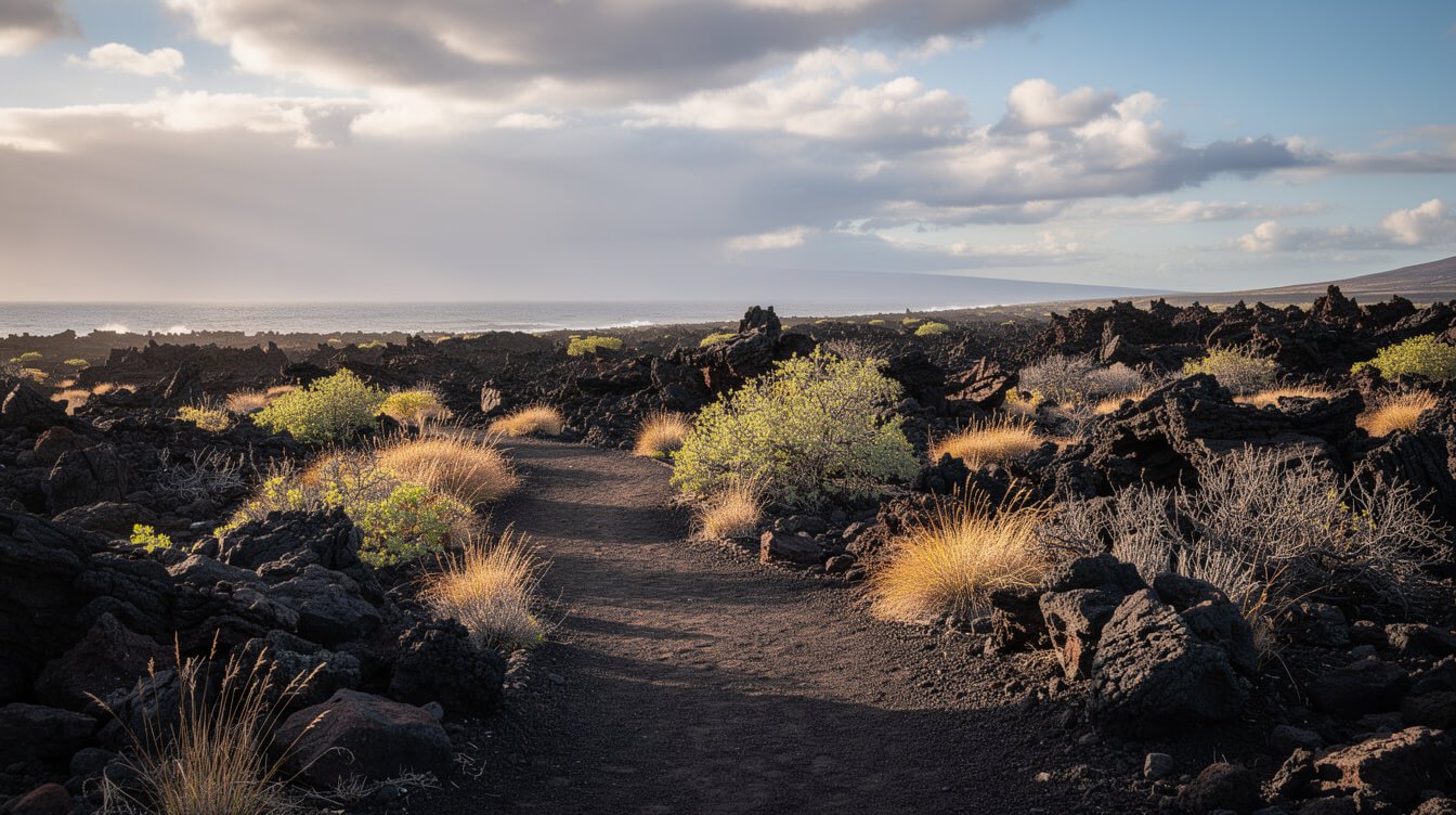 black lava rock trail along the Hoapili King's Highway, South Maui