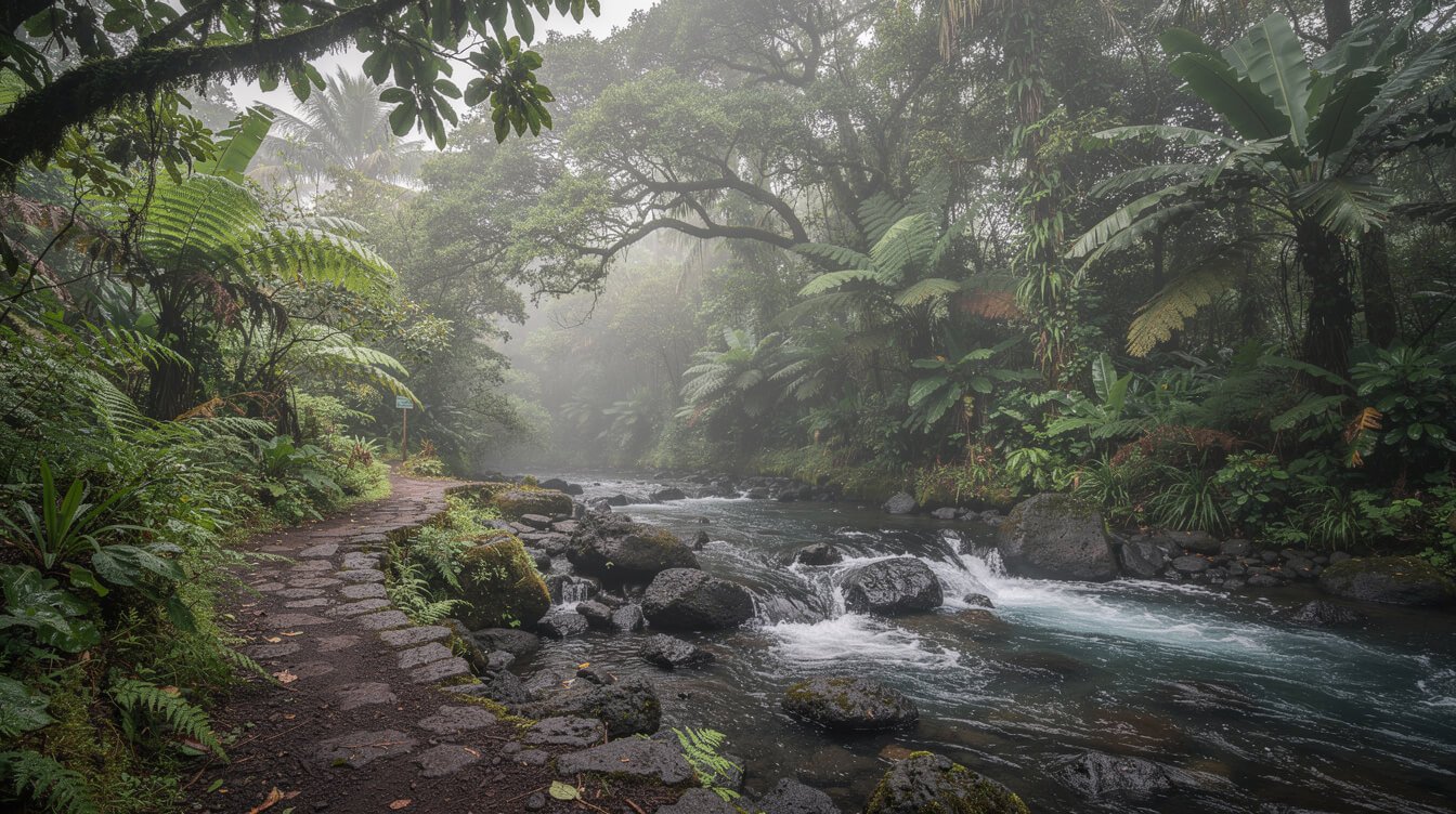 misty stream crossing on a jungle hiking trail, Maui