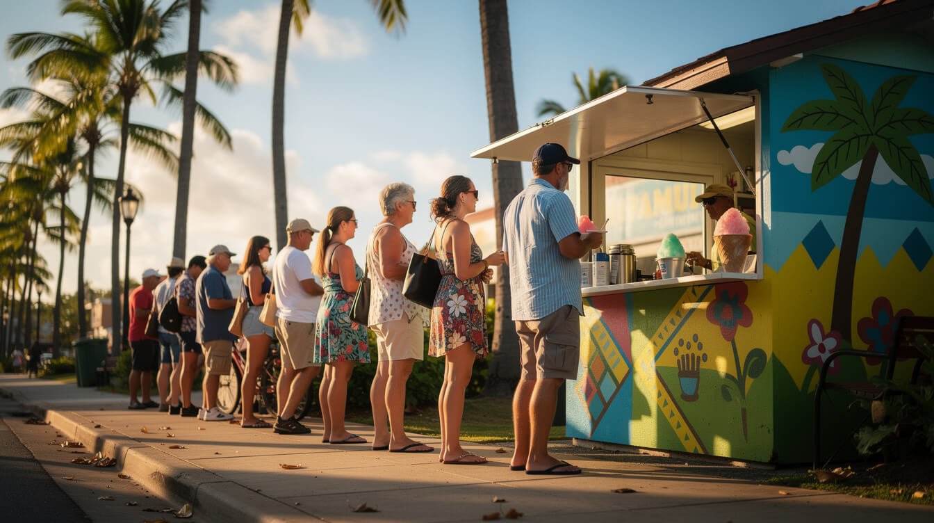 tourist line outside a Hawaii shave ice stand