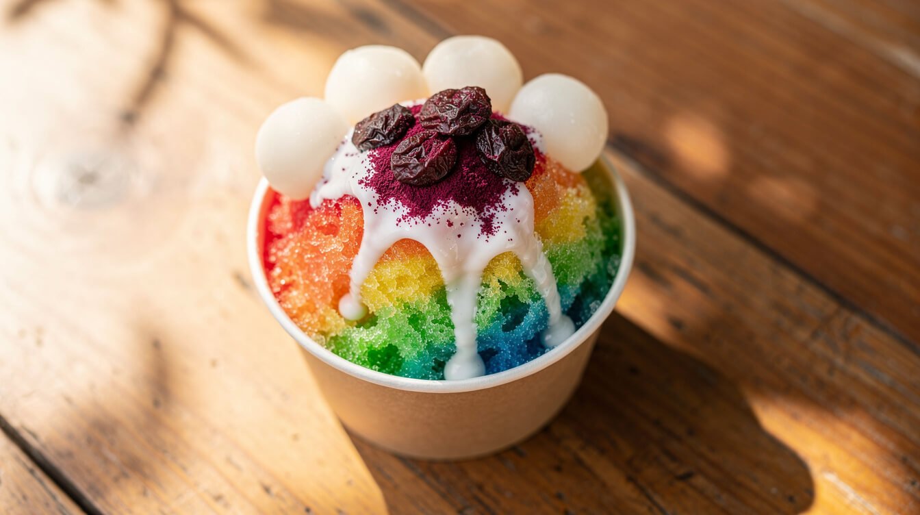 rainbow shave ice with li hing mui and mochi