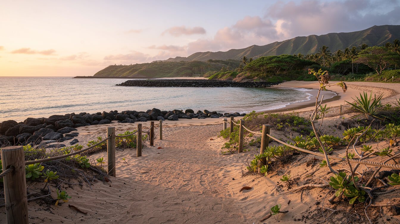calm turquoise snorkeling bay on Oahu with a rock breakwater and green ridgeline behind it