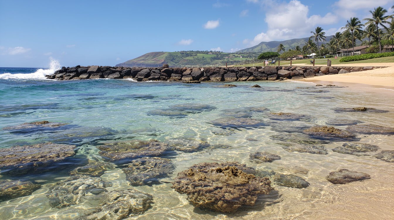 best snorkeling oahu — calm shallow reef water inside a protected bay with a stone breakwater