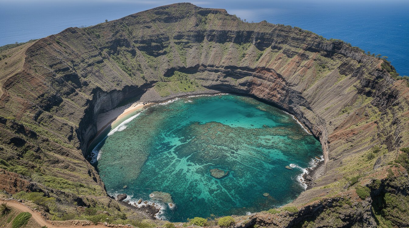 aerial view of a rounded volcanic bay with a coral reef visible through clear water on Oahu