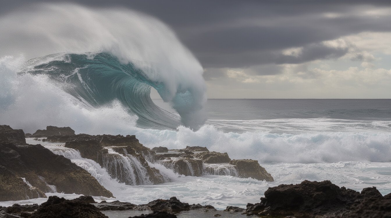 large winter surf breaking over a rocky North Shore Oahu snorkel spot