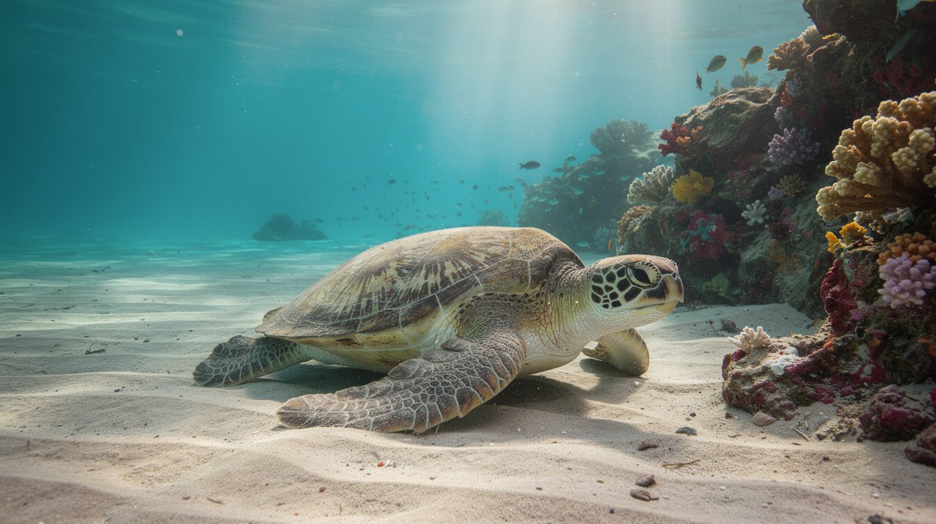 honu sea turtle resting on a sandy Oahu seafloor near snorkelers