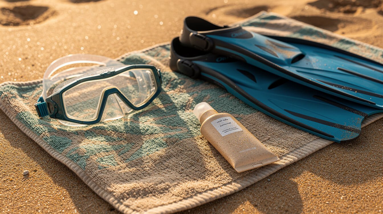 snorkel mask, fins, and reef-safe sunscreen laid out on a towel before a trip to an Oahu beach