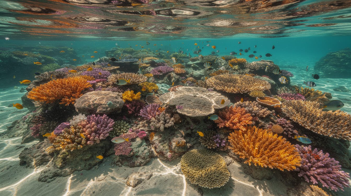snorkeler's view looking down at a colorful reef through clear water off Oahu