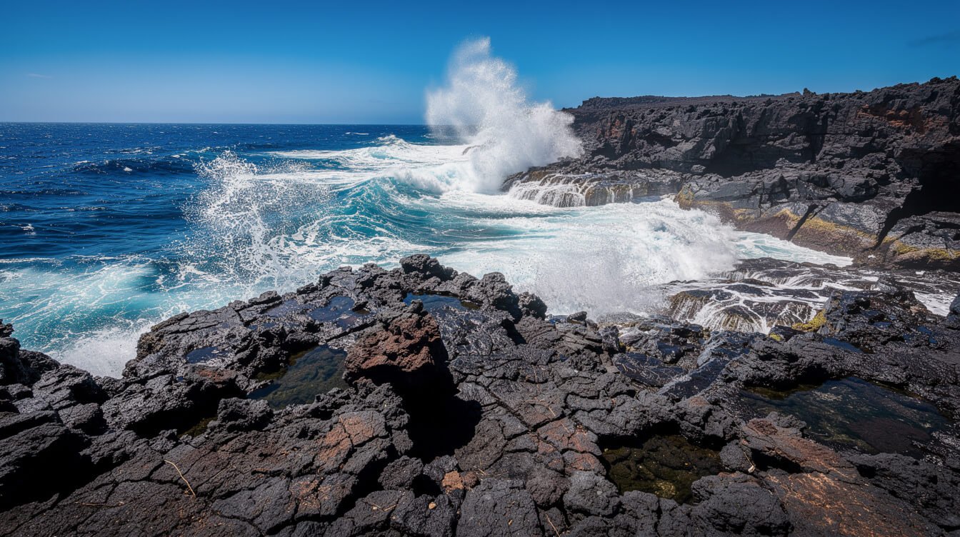 Sharp lava rock shoreline entry point, Big Island Hawaii snorkeling safety