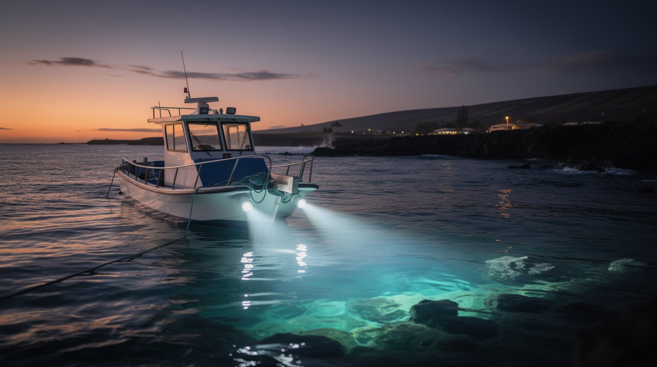 Manta ray night snorkel tour boat off the Kona coast, Big Island Hawaii