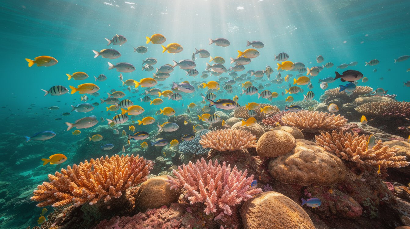 Colorful reef fish and coral along the Kona coast, Big Island Hawaii