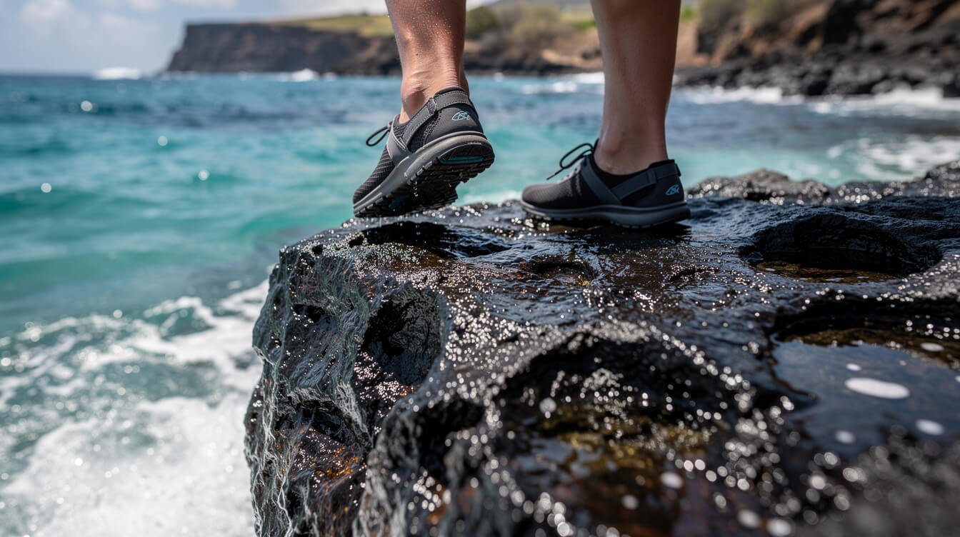 Snorkeler entering the water over a lava rock shelf on the Kona coast, Big Island Hawaii
