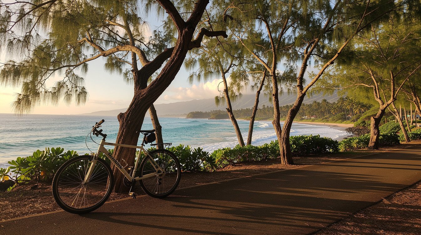 Bicycle resting against an ironwood tree along the coastal bike path on Kauai's east side