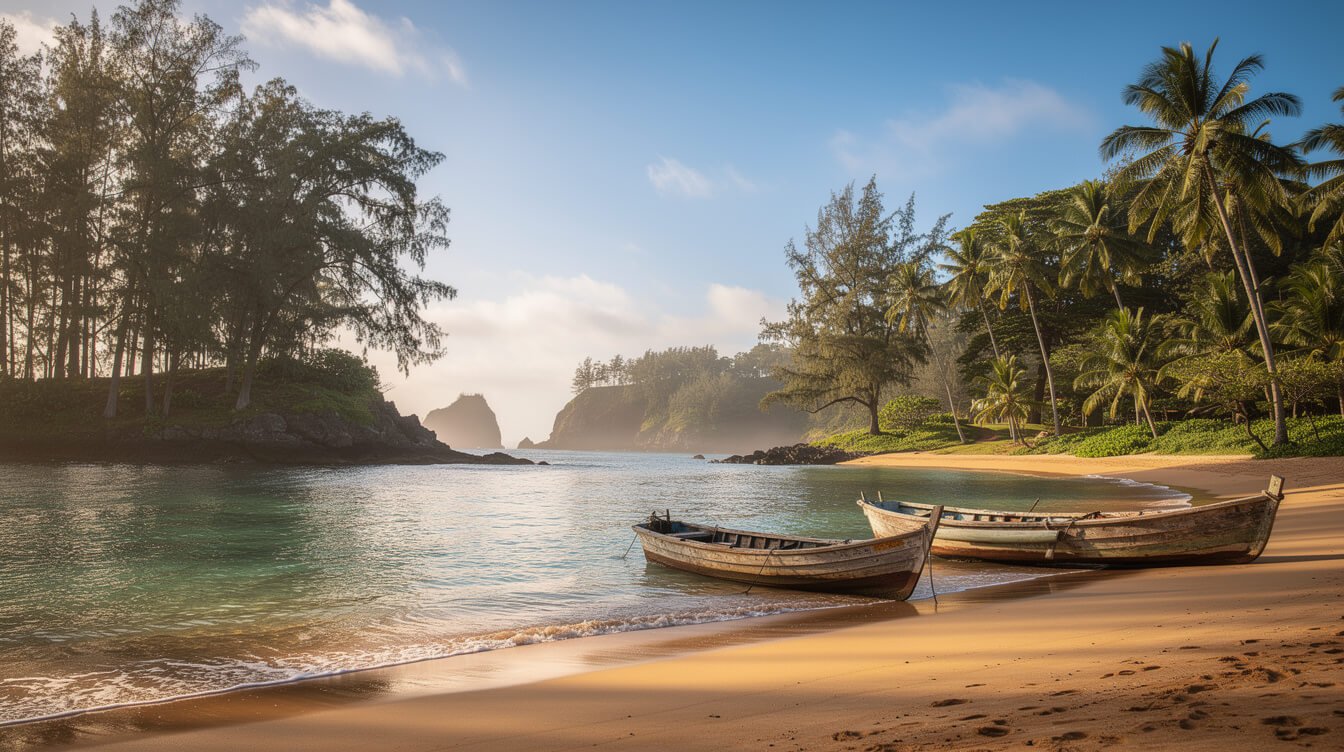Small calm crescent bay at Moloaa Beach on Kauai framed by ironwood trees