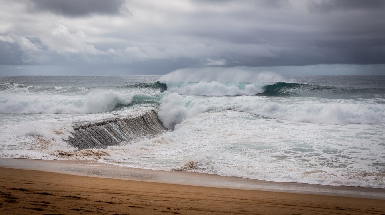 Powerful waves breaking over a steep drop-off with a visible rip current on a Kauai beach