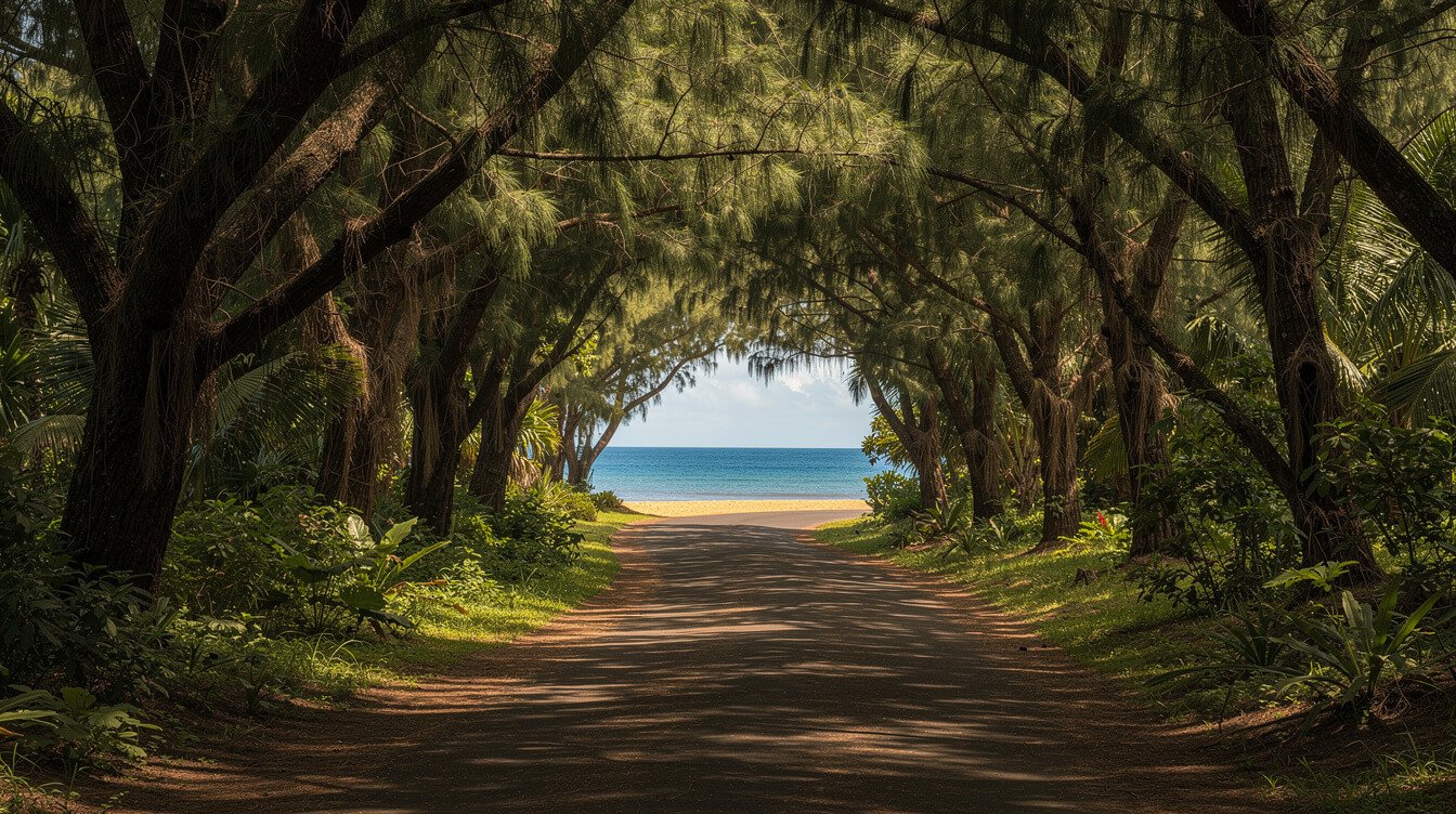 Shaded ironwood tree tunnel path leading down to Donkey Beach on Kauai
