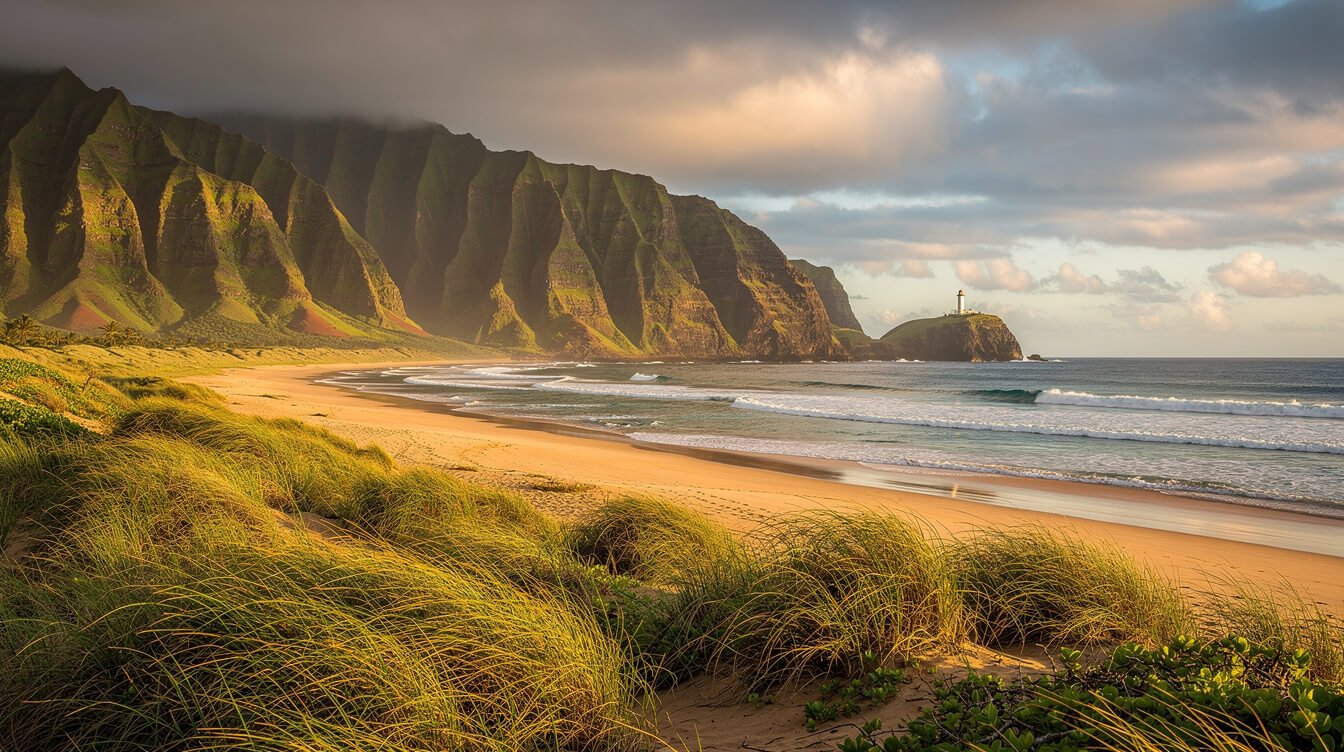 Long secluded beach beneath sea cliffs on Kauai's North Shore near Kilauea