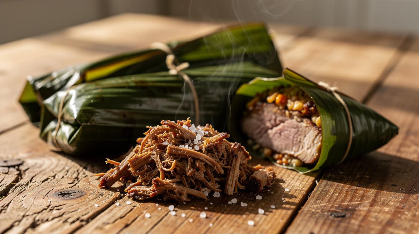 kalua pork and laulau wrapped in ti leaves on a wooden table