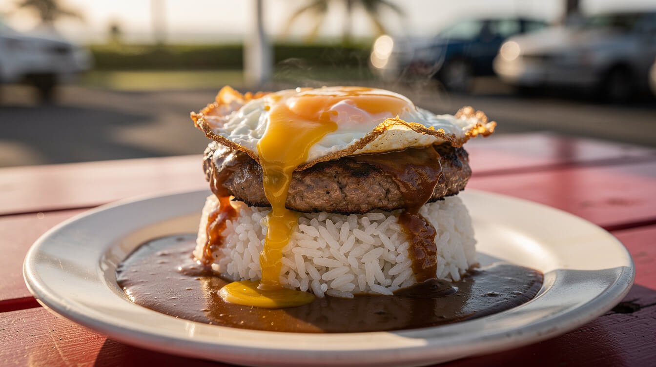 loco moco plate with rice, hamburger patty, gravy, and fried egg