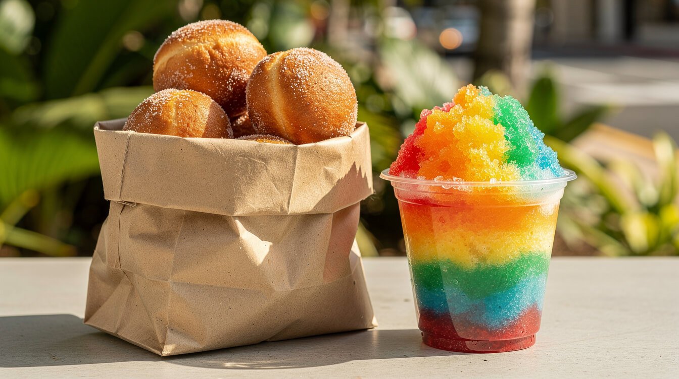 warm malasadas and rainbow shave ice at a Hawaii bakery counter