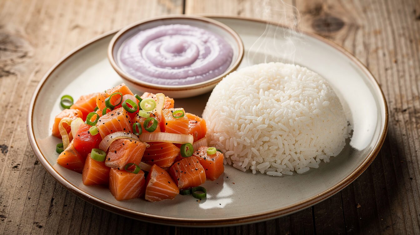 poi and lomi lomi salmon on a Hawaii combination plate