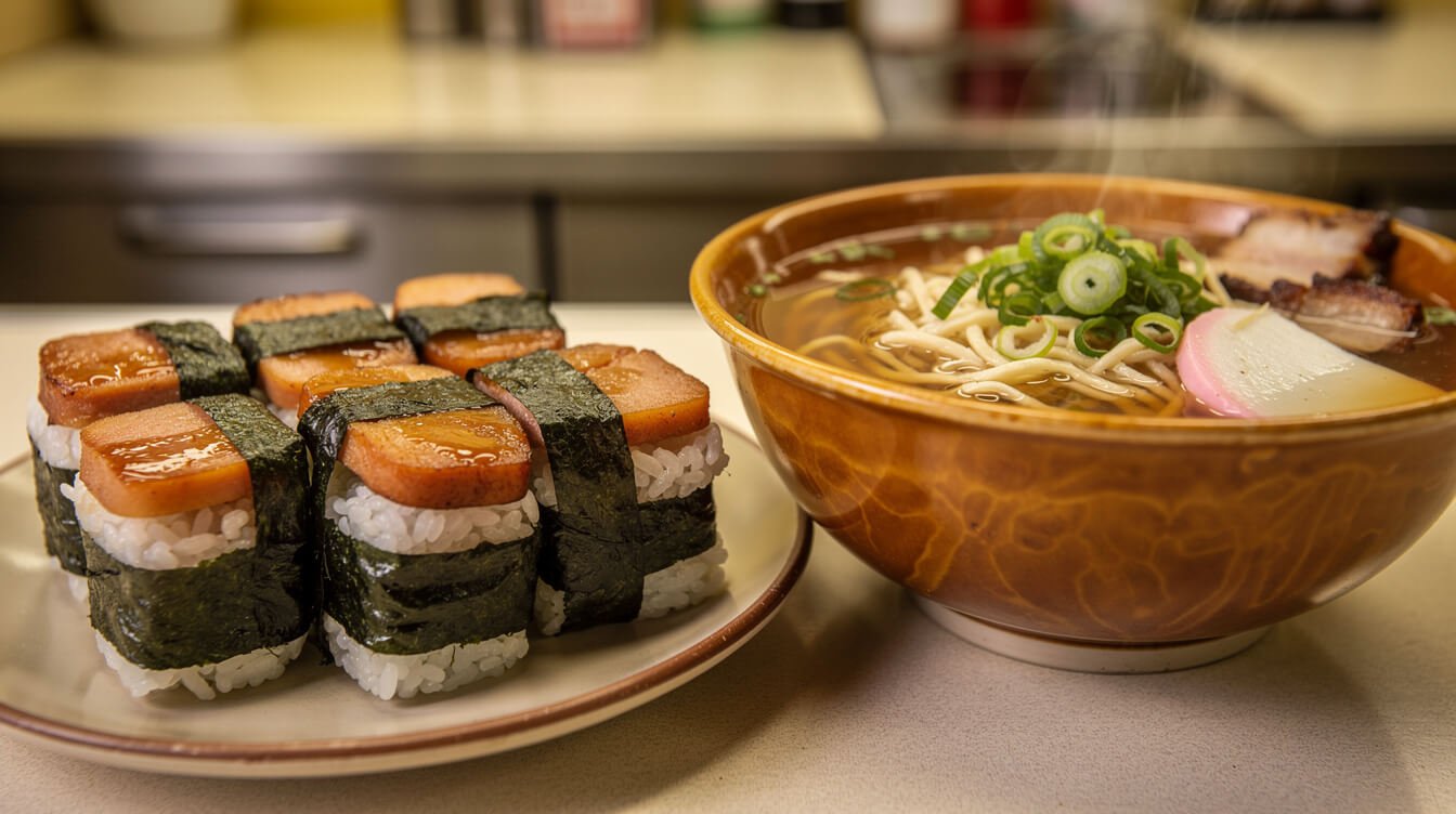 spam musubi and a bowl of saimin noodle soup