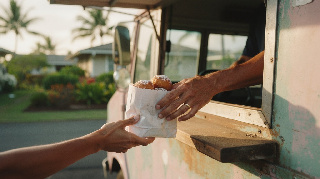 food truck window handing over a fresh malasada in Kailua Oahu
