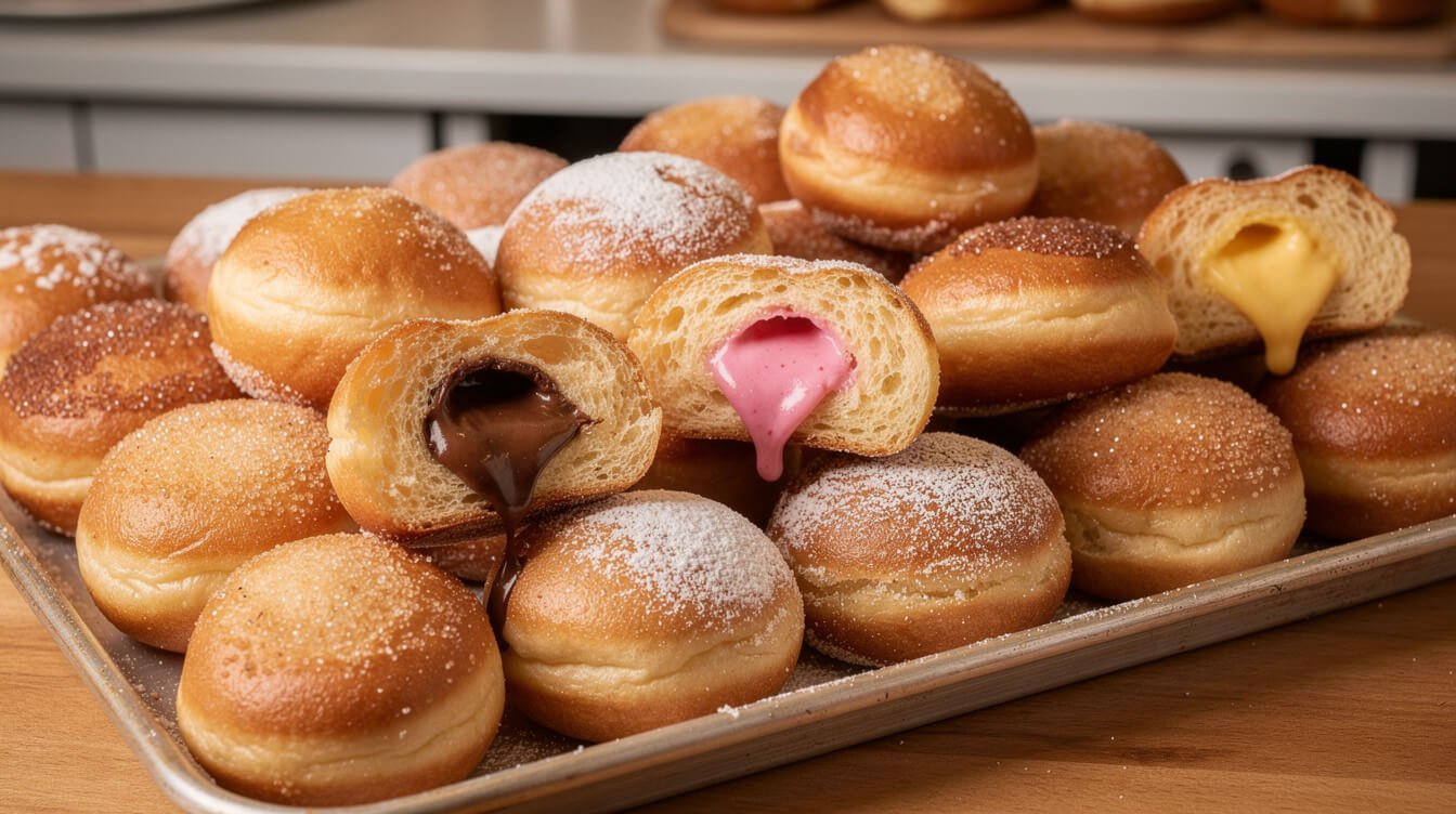 assorted tray of malasadas with different fillings and sugar coatings