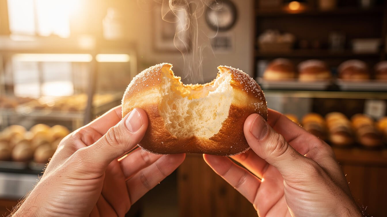 hands holding a warm bitten malasada with steam rising