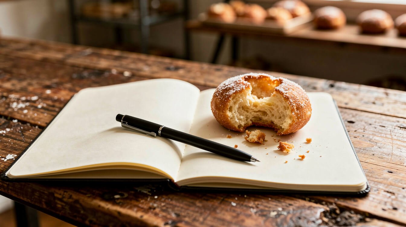 notebook and a half-eaten malasada on a bakery table used to judge the best malasadas on Oahu
